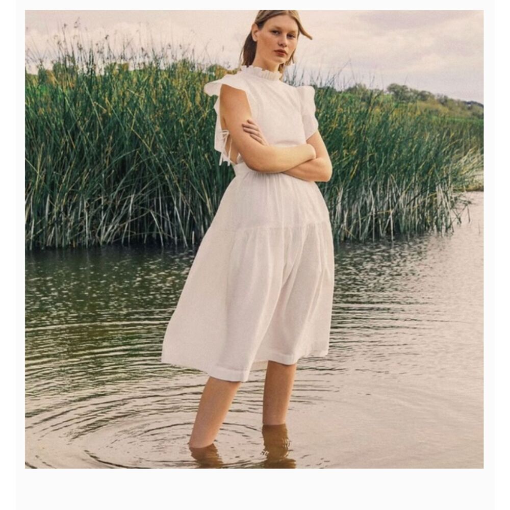 Laura Ashley x Urban Outfitters Chloe Ruffle Apron Midi Dress M White Cottage